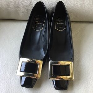 Roger Vivier Black Patent Leather Flats with Gold Buckle